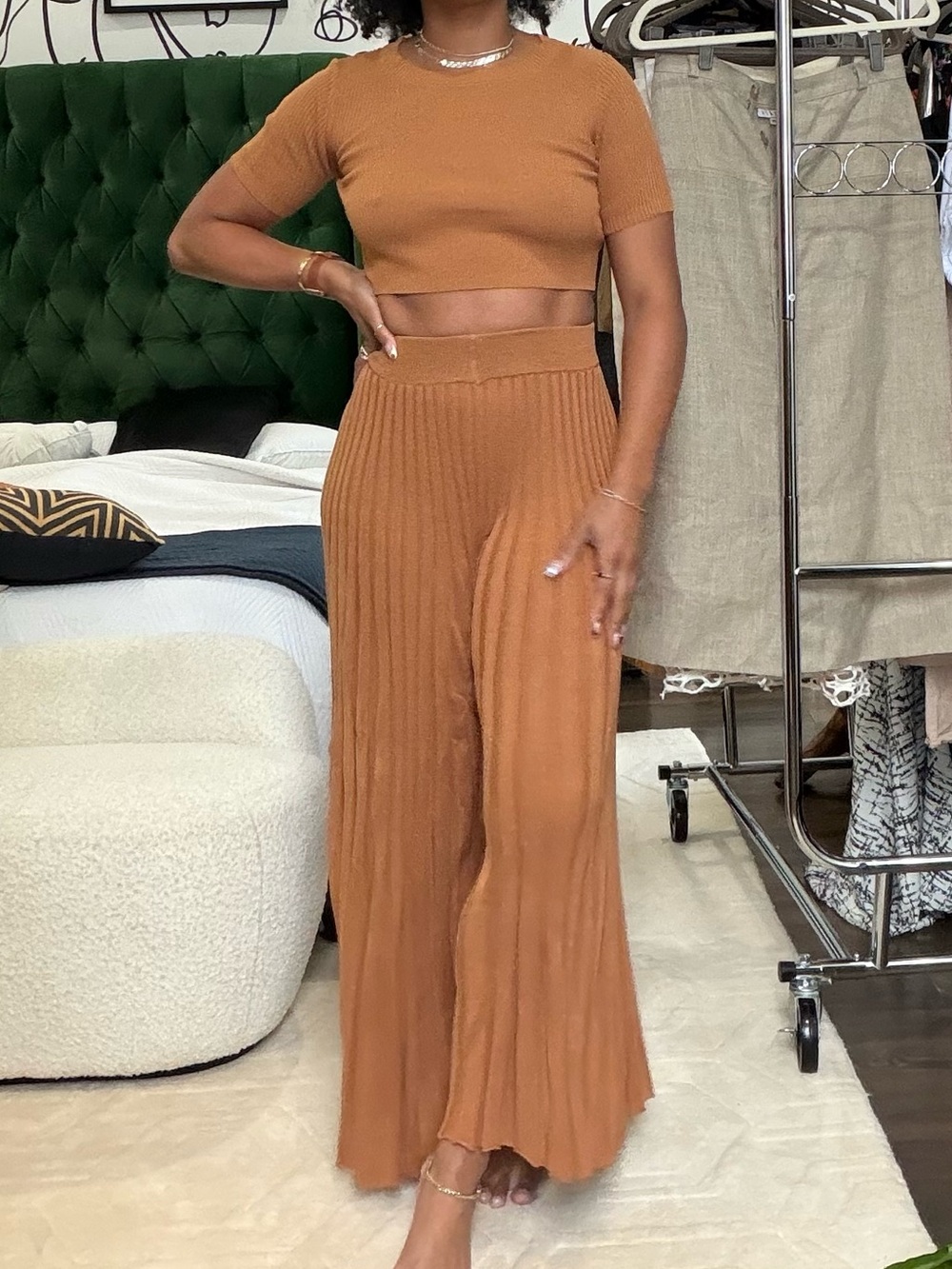 By Together Camel Ribbed Wide-Leg Knit Set